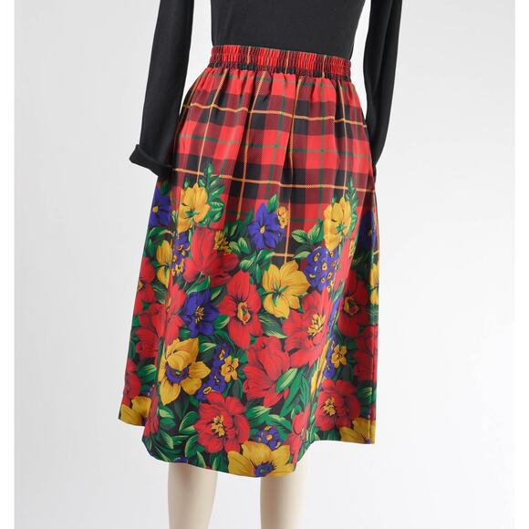 Vintage 80s Red Plaid and Floral Full Pleated Midi Skirt with Pockets size M - Picture 5 of 8